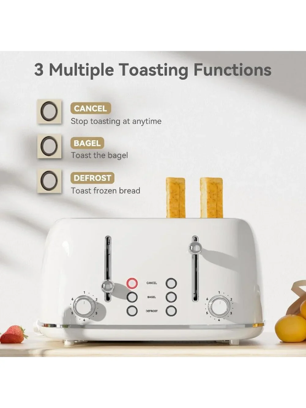 4 Slice White Retro Stainless with 6 Bread Shade Settings 1.5''Wide Slot Toaster